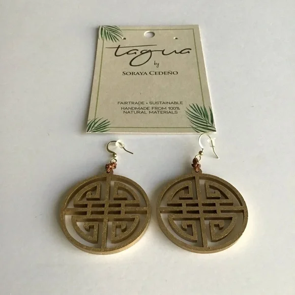 TAGUA Nut Medallion Earrings Asian-Style Matte Gold Open Work Lightweight NEW - Picture 12 of 15